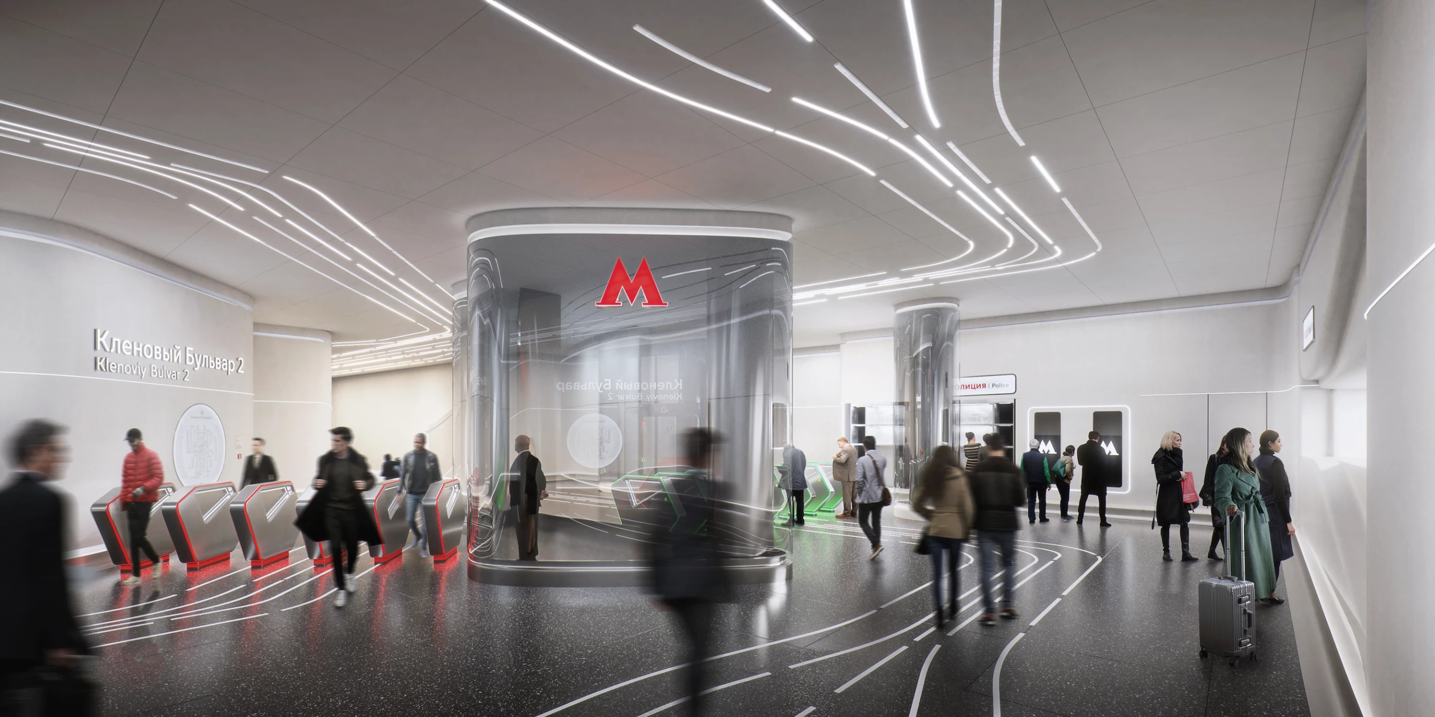 Klenoviy Boulevard Station 2's layout and lighting is designed to help travelers find their way around the station