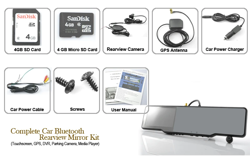 What you get with the Complete Car Bluetooth Rearview Mirror Kit