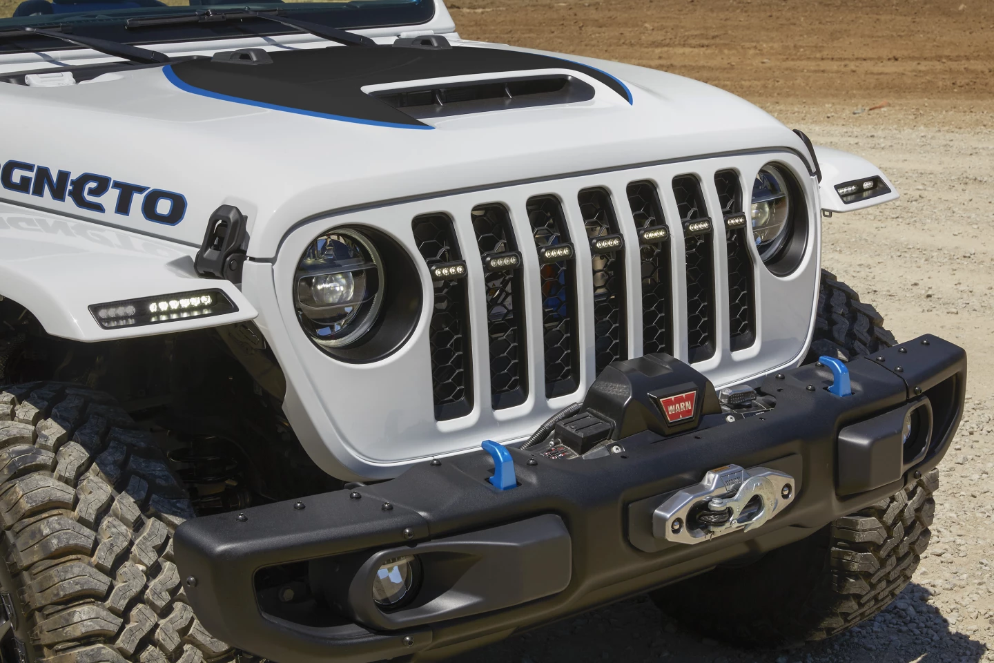 With its Rubicon base package, manual transmission, 2-in lift, 35-in mud-terrain tires and steel bumpers with front winch, the Wrangler Magneto proves that off-roaders don't have to give up filthy fun to go electric