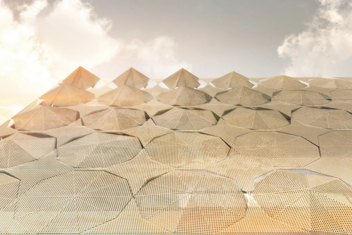 The new screen will feature steel umbrellas that can be individually opened and closed and used to manage light levels within the complex (Image: 3Gatti)