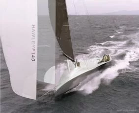 Hawley's F140 yacht, designed for flat-water speed with an innovative canting keel.