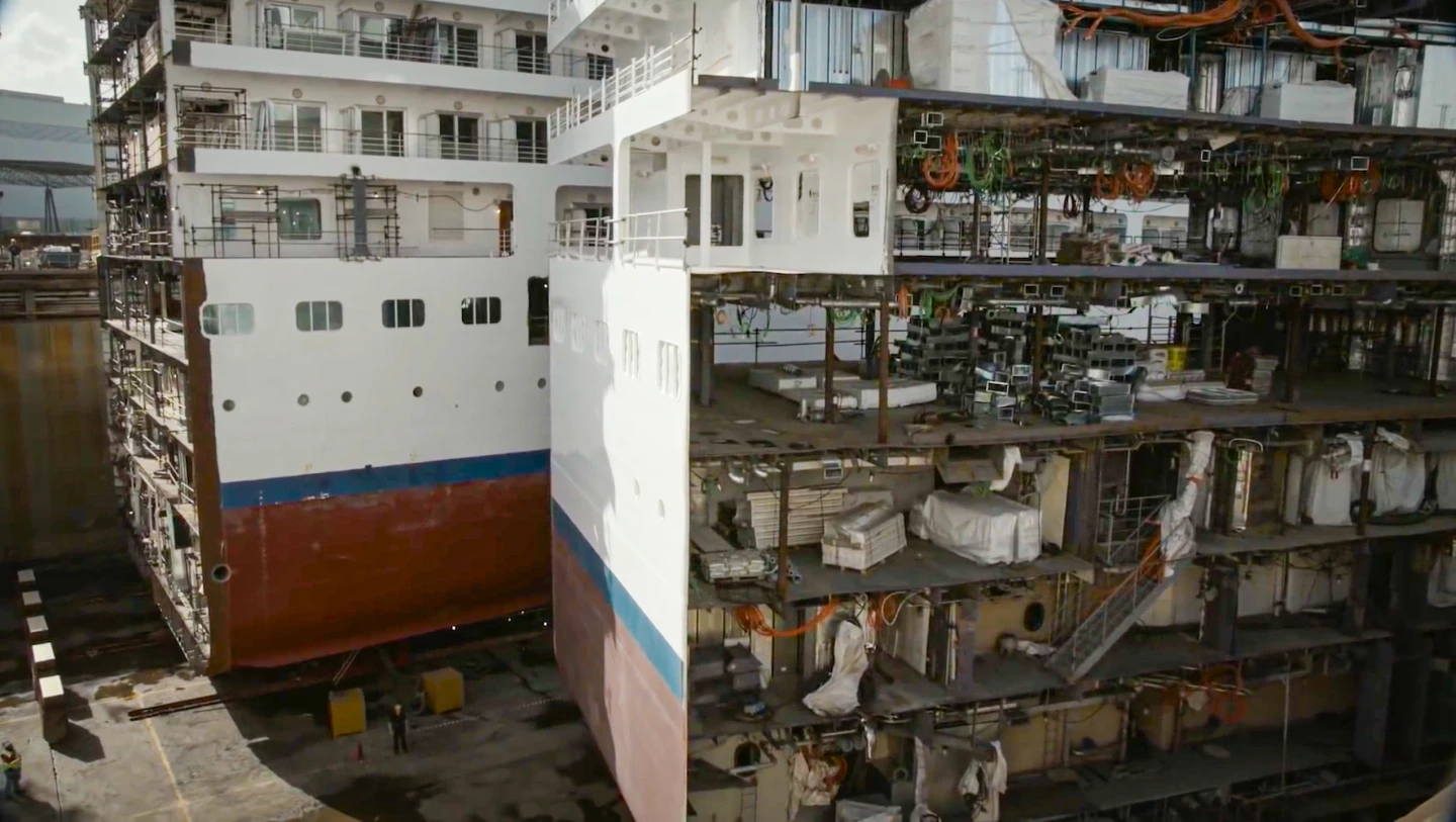 The new section slides in, complete with furniture and fittings that might otherwise be impossible to load on board