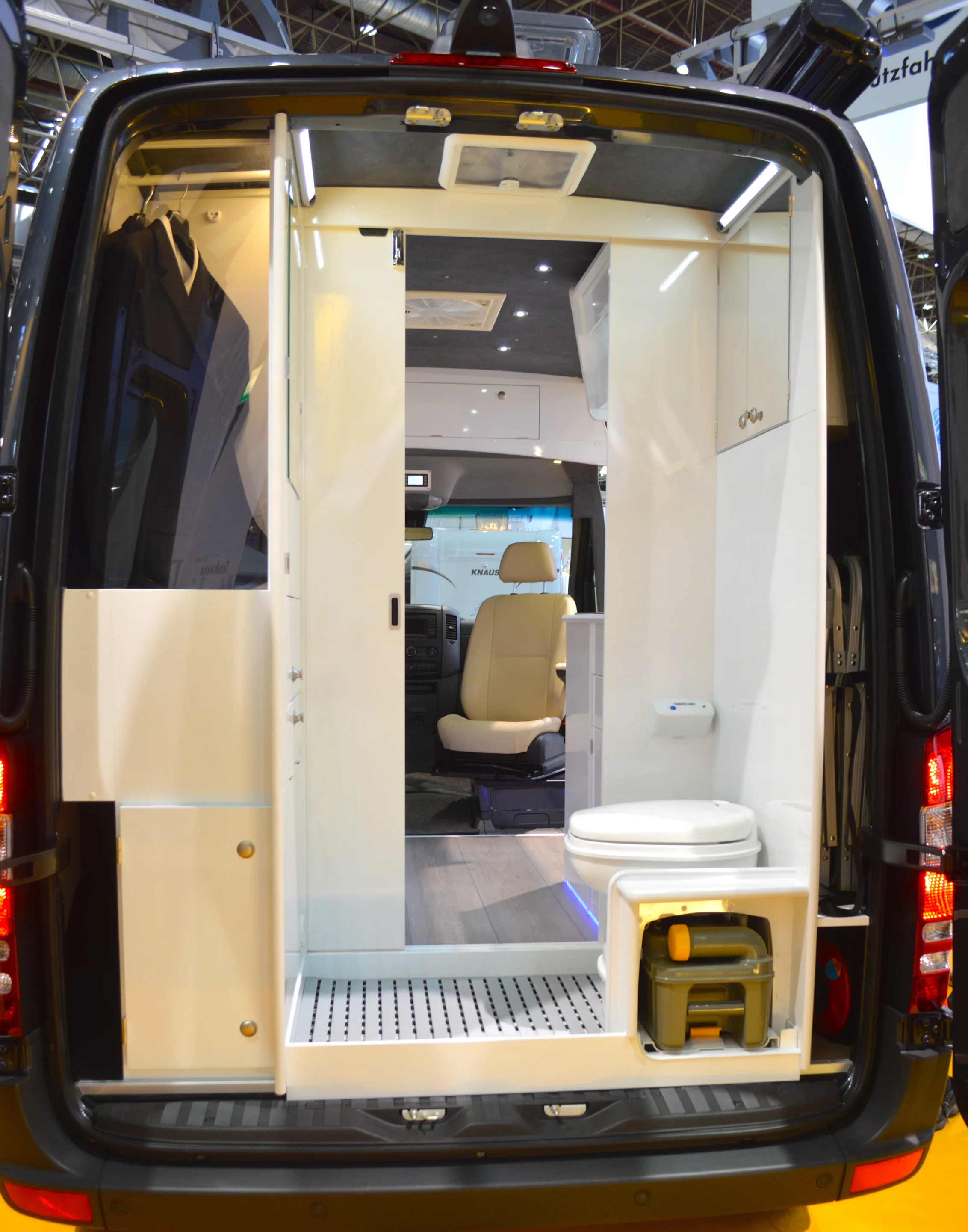 The Sprinter's rear houses a bathroom with integrated wardrobe closet