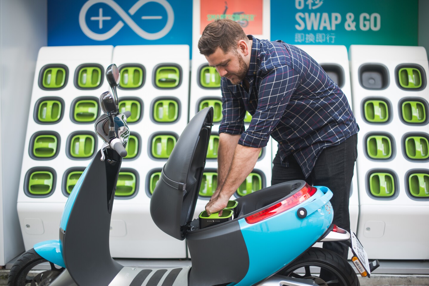 Gogoro’s scooters are connected electric vehicles powered by swappable battery packs that can be replaced at kiosks stationed around the city