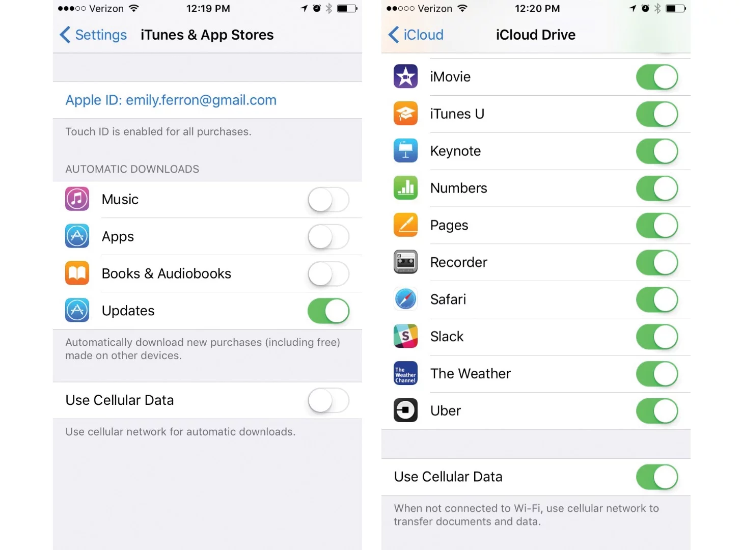 (L) App update settings (R) iCloud Drive settings