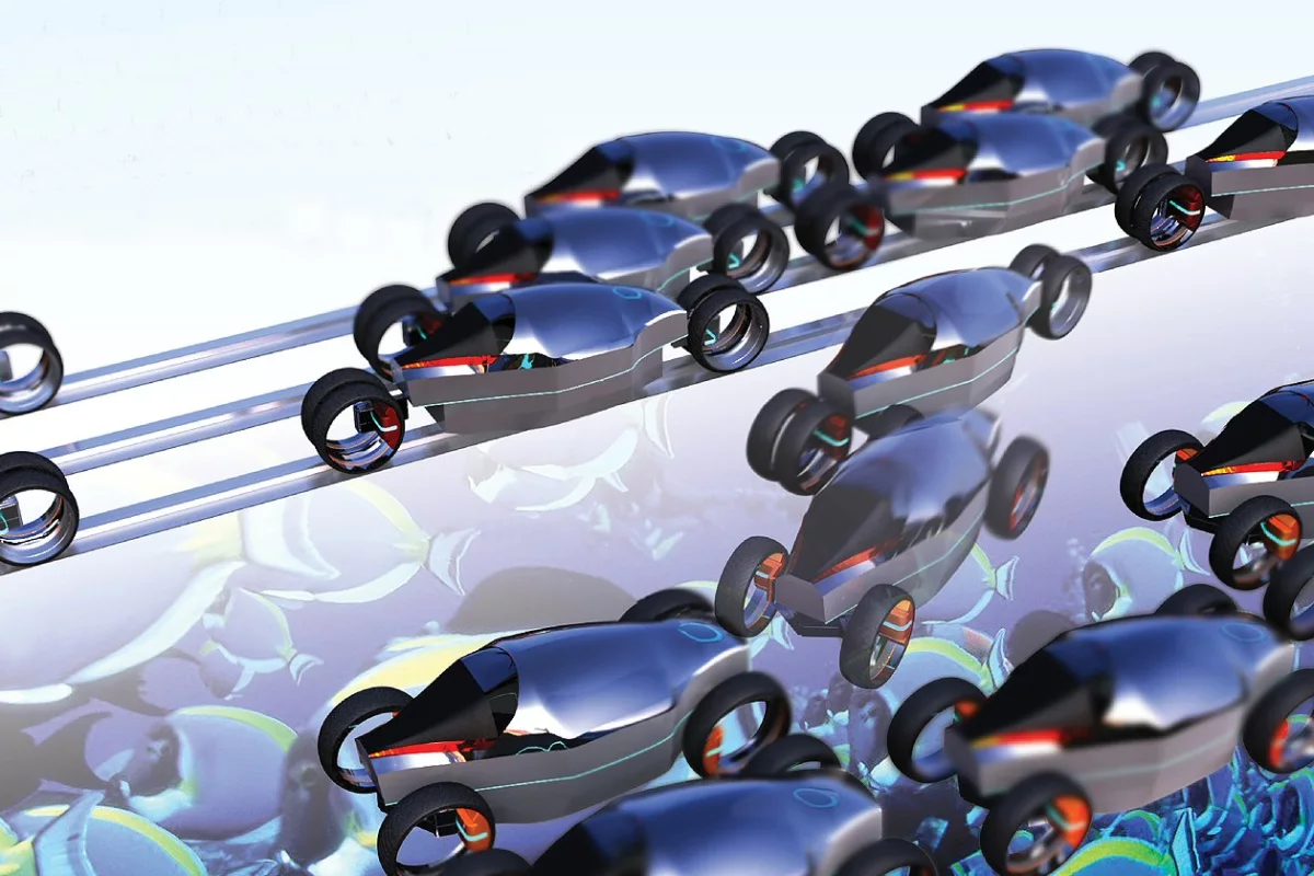 2:1 Industrial Design proposes laying tracks on existing roadways and creating a novel electric vehicle to help deal with congestion in towns and cities throughout Brazil