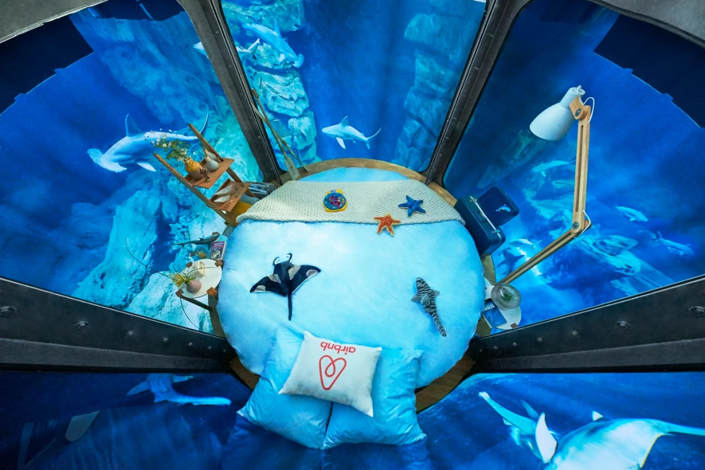 The underwater bedroom is submerged 10 m (33 ft) deep in 3 million liters (660,000 gal) of water