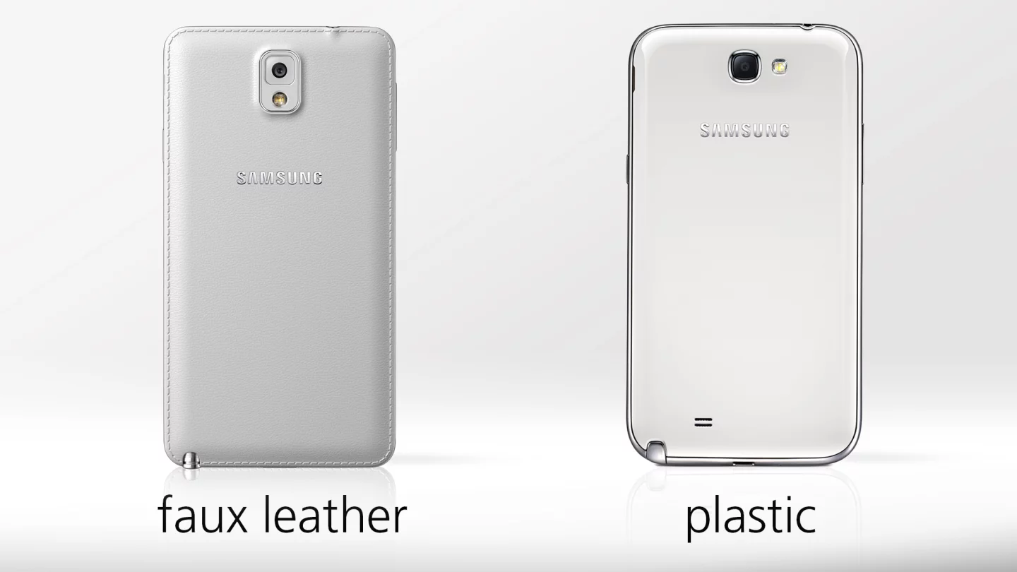 The new model is probably still made of plastic, but its pleather is a change of pace from the older Note's glossy plastic finish