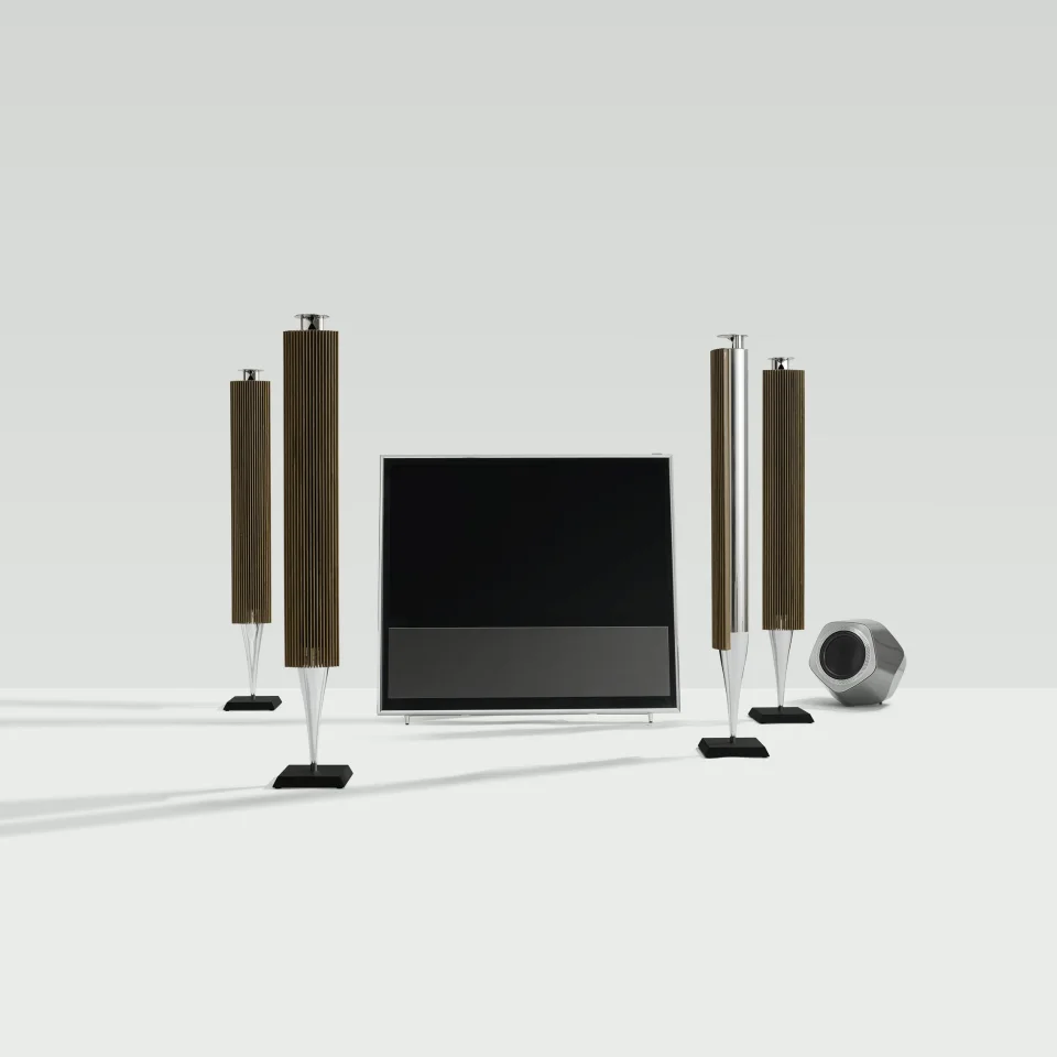 BeoLab 18 Immaculate Wireless Sound speakers with a BeoVision 11 TV and BeoLab 19 sub