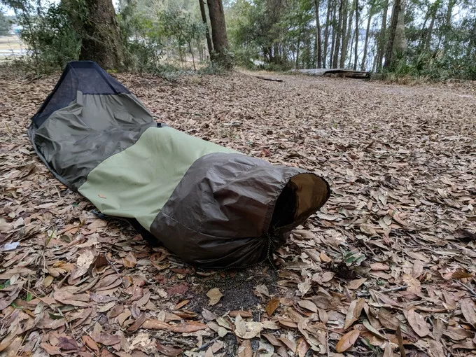 The BivyPack's exterior is made from hex-grid ripstop nylon claimed to be highly waterproof and durable