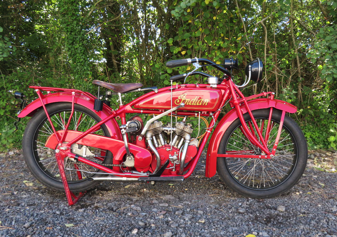 A well restored version of a 1923 600cc Indian Scout featuring electric lighting, Bosch magneto, a Schebler Deluxe carburetor, and the helical gear primary drive which gave the model such a wonderful reputation for reliability. Sold for $30,250 (£23,000) Auction Description