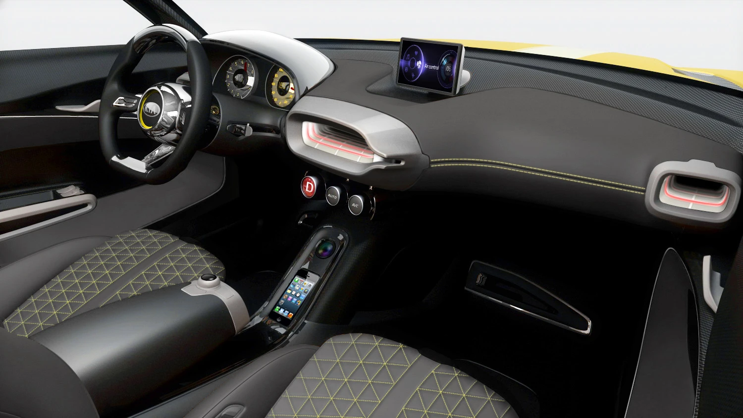 Minimalist interior features a DIS (Driving Information System) controller hooked up to a gesture camera