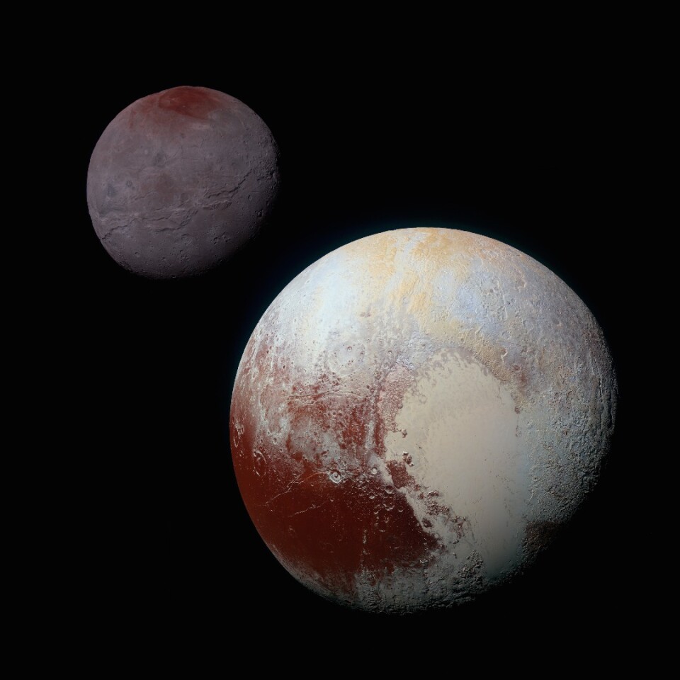 NASA composite color enhanced image displaying Pluto (bottom right) and Charon (top left). Note that the image is almost true to size, but the orbital distance is not to scale