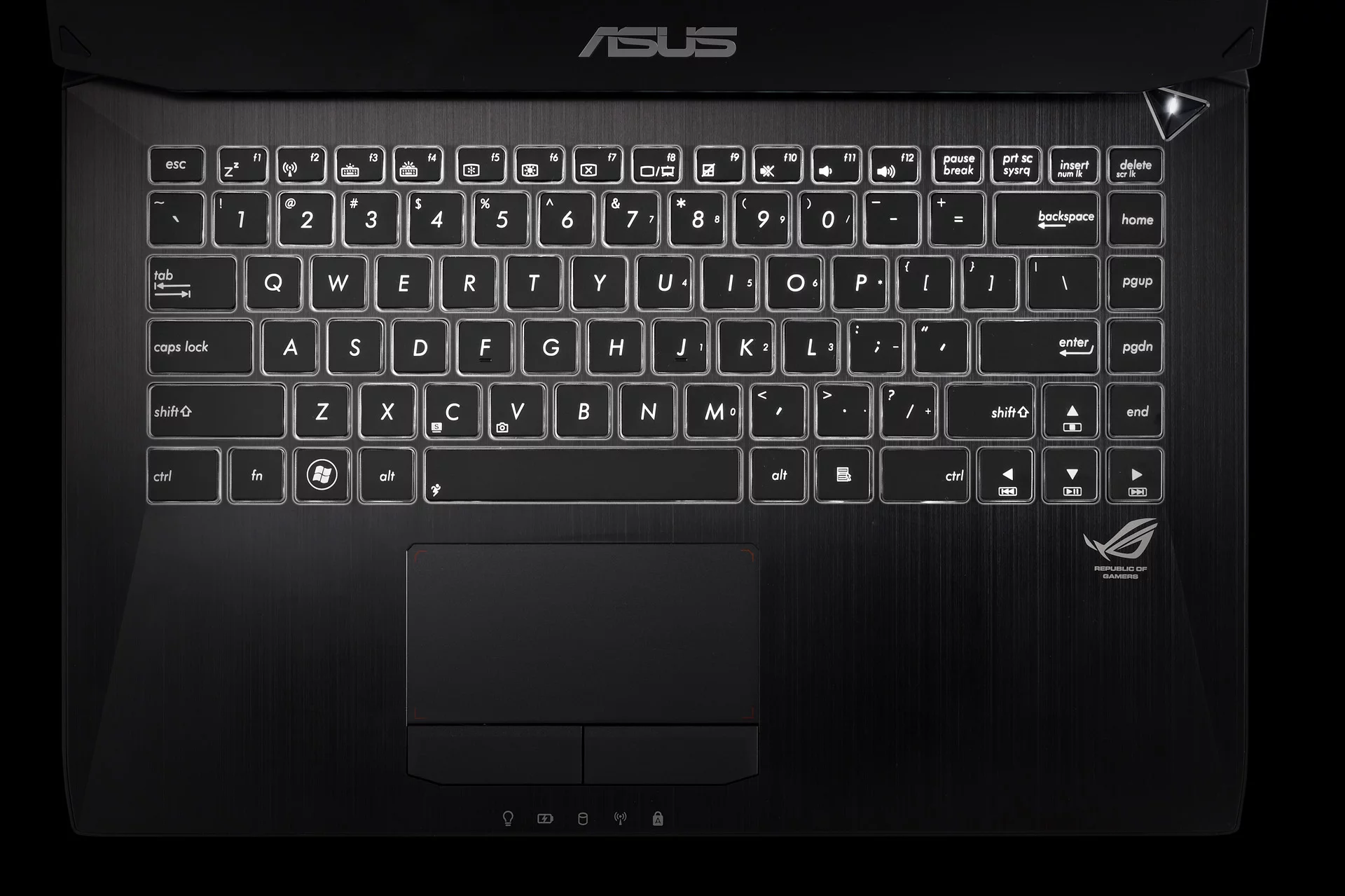 The G46VW features an LED backlit keyboard with control over lighting intensity and a precision touchpad