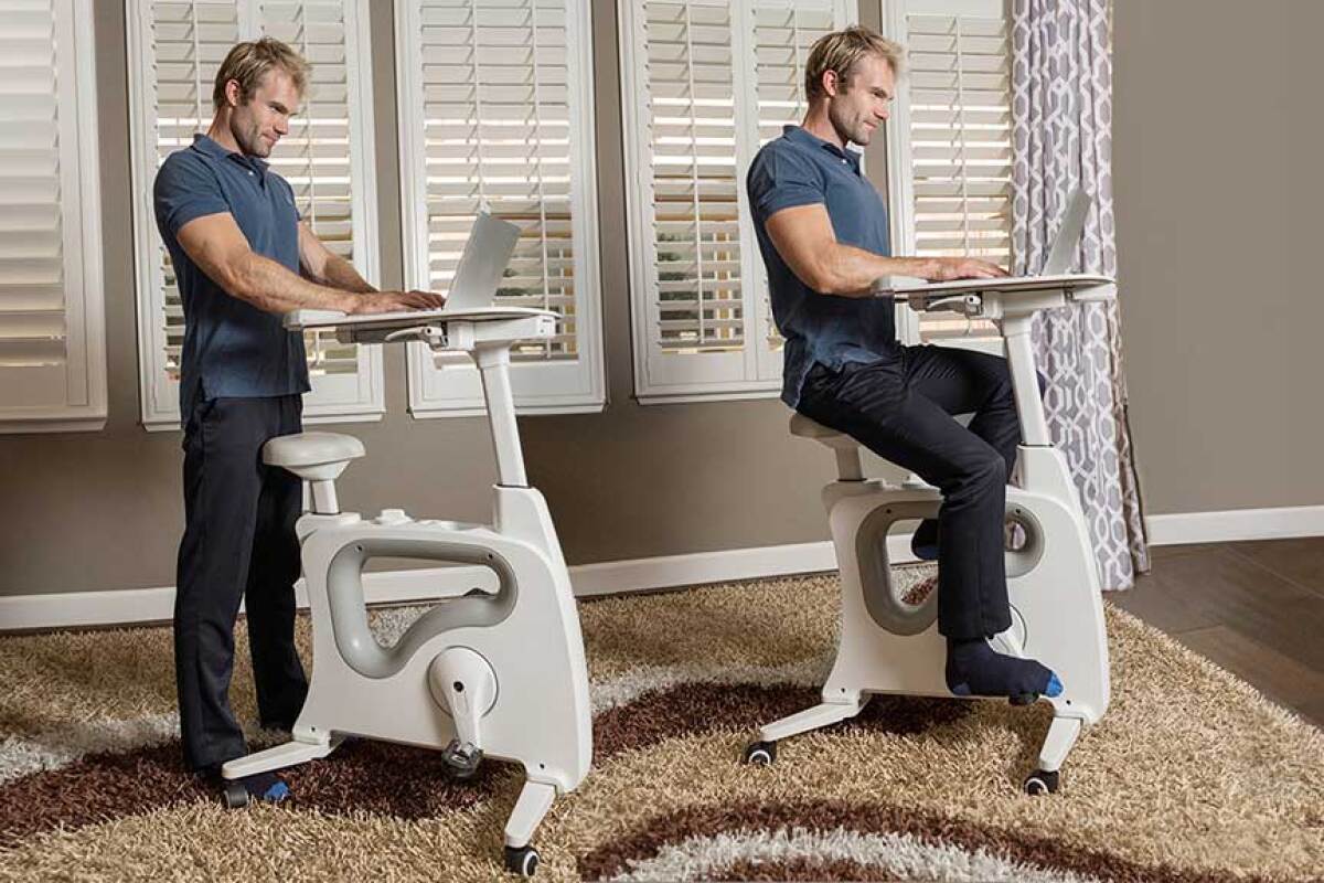 The Deskcise Pro can be used as a standing desk or a cycle desk