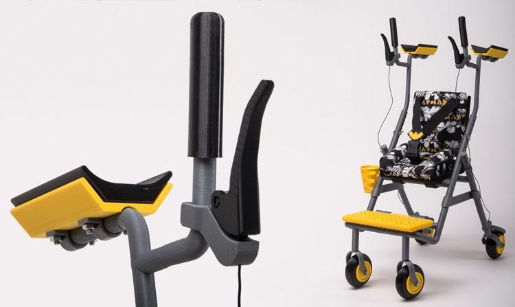The frame of the multifunctional walker was printed using Silver ABS, while components like the arm rest and brake lever were printed using yellow or black PLA