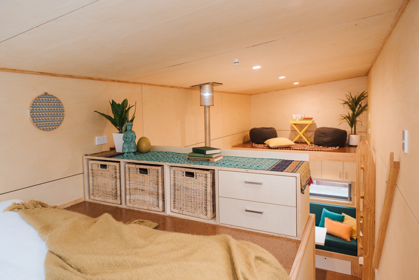 The Sonnenschein Tiny House's bedroom includes some additional storage space