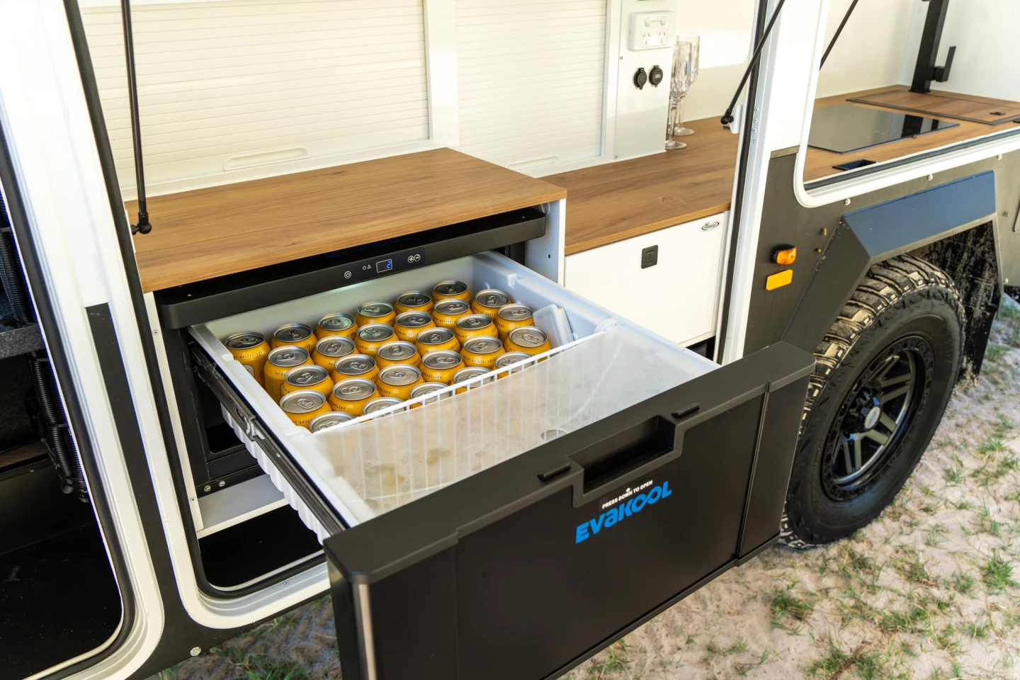 The outdoor EvaKool fridge easily swallows more than a 24-pack of beer