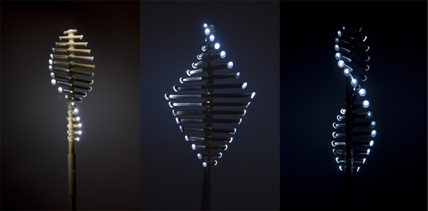 At the tip of each bamboo blades is an LED module that lights up when the vertical turbine catches the wind