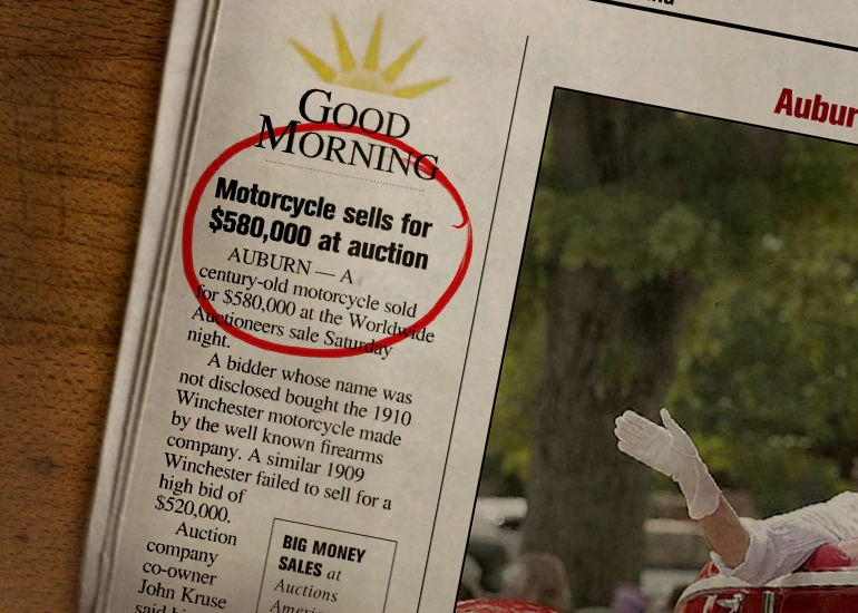 As reported in the The Star newspaper of DaKalb County, Indiana, on Saturday evening, August 31, 2013, a 1910 Winchester motorcycle sold at Worldwide Auctions for US$580,000.
