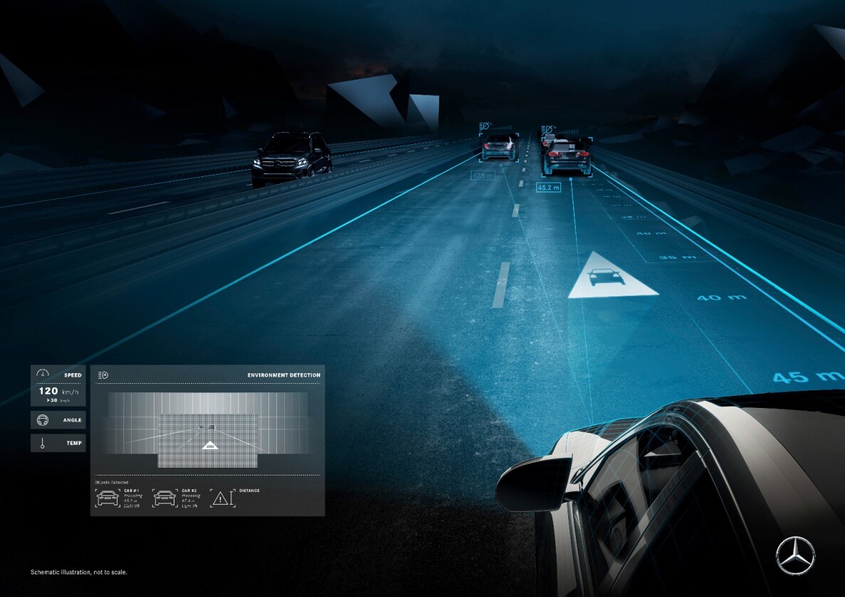 Mercedes-Maybach's Digital Light: safe distance warning shows how close you should be following the car in front at the speed you're doing