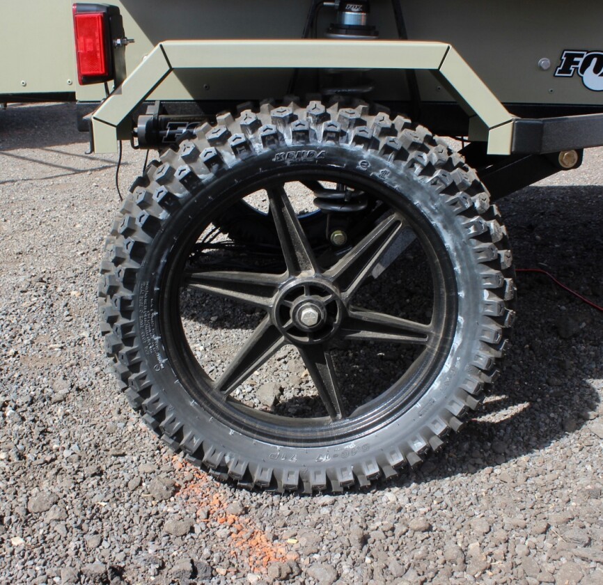Quite different from the average off-road trailer wheels, these motorcycle wheels are what initially caught our eye