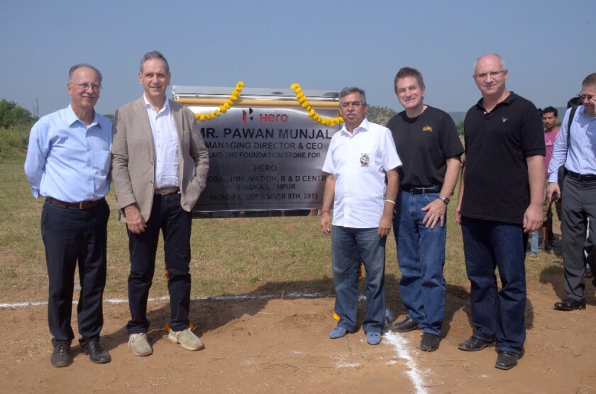 Hero MotoCorp CEO Pawan Munjal laid the foundation stone of the ‘Hero Centre of Global Innovation and R&D’ – about 20 kilometers north of Jaipur during September. Munjal was joined by the company’s global technology partners, Erik Buell (EBR), Alberto Strazzari of Engines Engineering, Italy and Markus Feichtner of AVL, Austria.