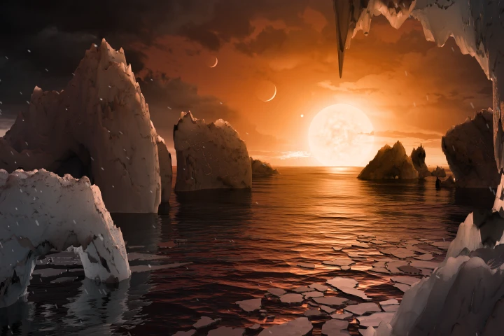 An artistic render of a temperate TRAPPIST-1 f, which could also be frozen or stifling under different climate models