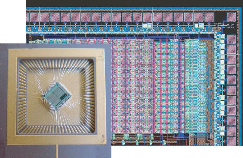 Layout of a multi-neuron chip comprising an array of analog/digital silicon neurons and synapse circuits (Photo: ETH Zurich)