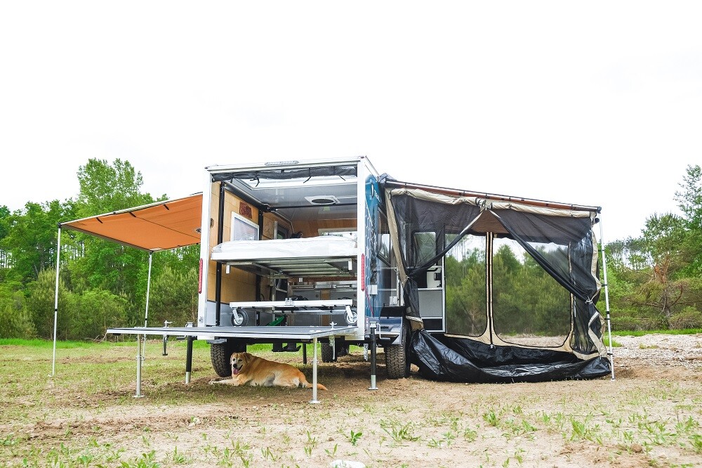 The Sequoia comes with awnings for each side and a single expansion tent