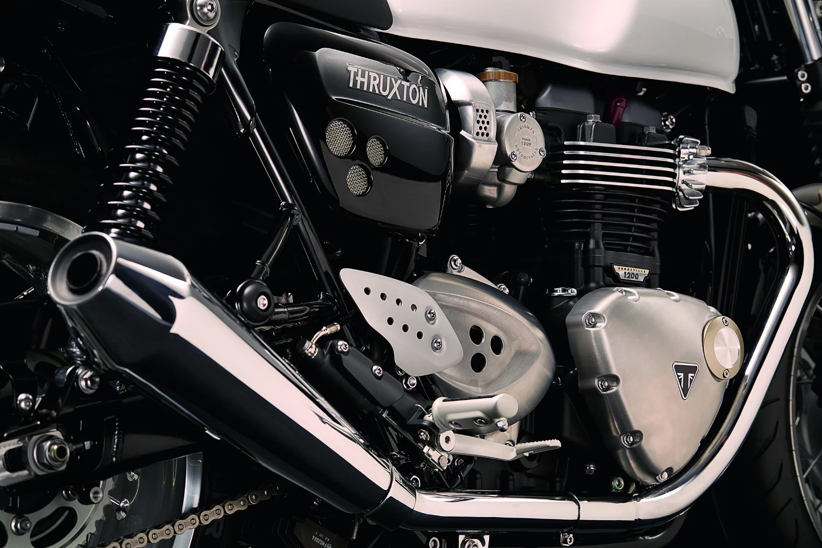 The engine of the Triumph Thruxton as seen from the right-hand side of the motorcycle