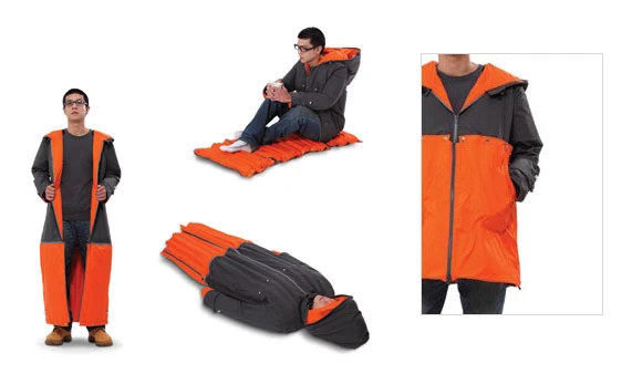 The Inflatable Sleeping Coat will keep you dry and warm during the day and provide you with a sleeping bag and mattress at night