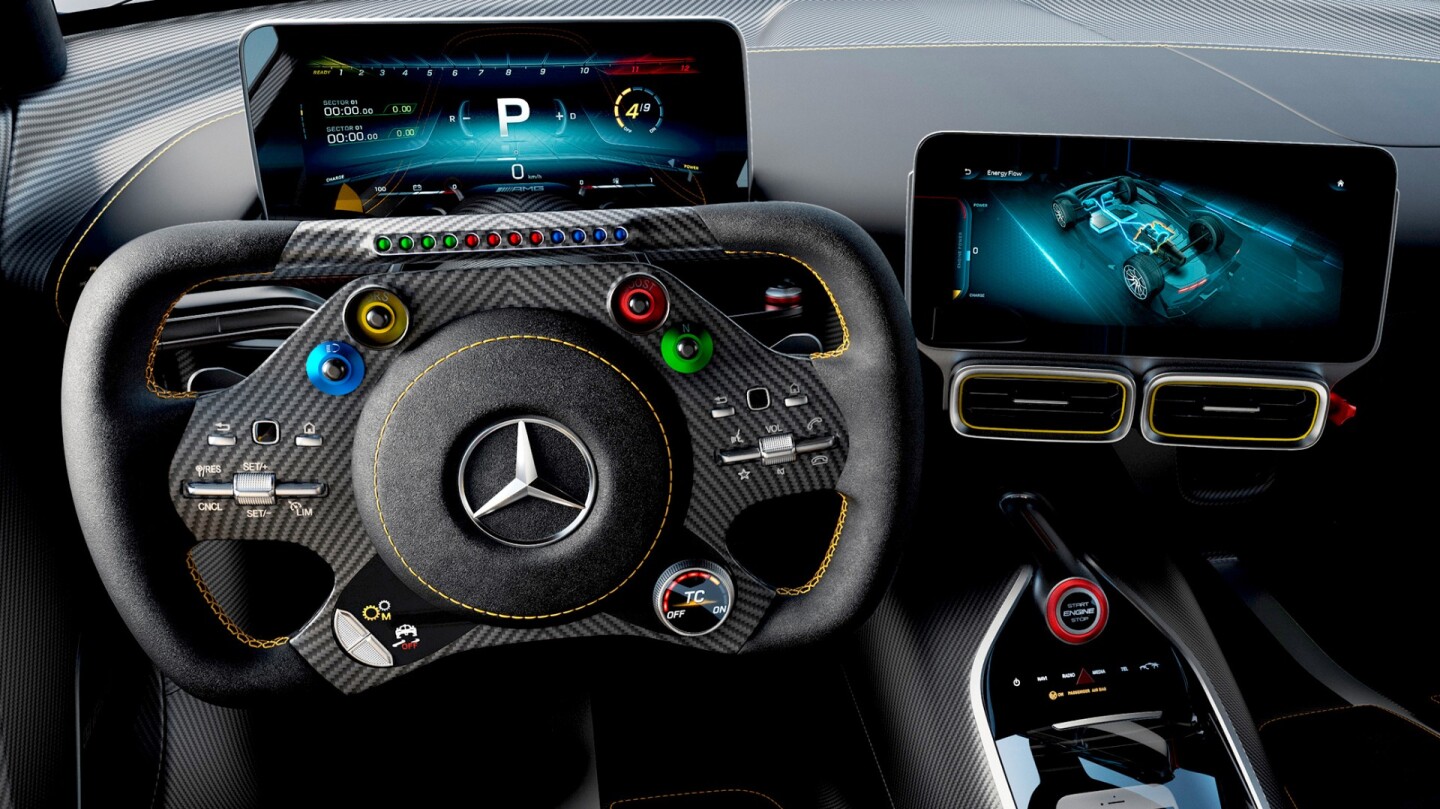 The steering wheel was always going to be one of the highlights of the car and it does not disappoint. An array of LED lights signals engine rpm together with an array of controls for the individual drive programs and suspension settings. A display replaces the interior rear view mirror, providing real time video of the rear.