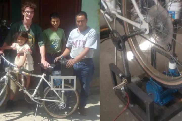 Jon Leary and friends, with his mobile bicycle-powered pump