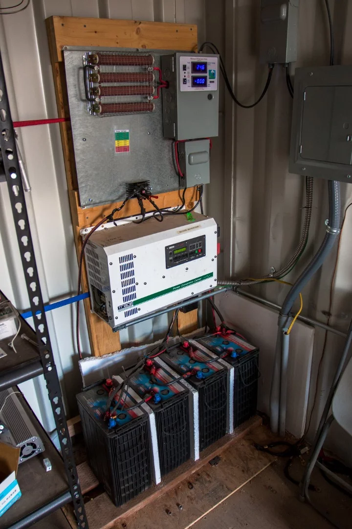 The main power junction inside the shipping container. Power from the wind turbine and solar run into a charge controller. Also in the system (the red paint roller looking things) is a 1500 watt diversion dump load resistor to prevent the wind turbine from freewheeling and overheating. It also dumps excess power in case you're at a full battery charge.