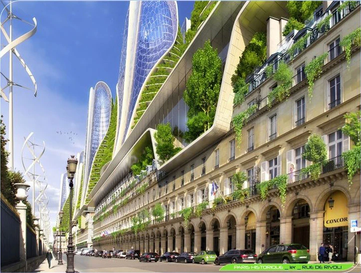 2050 Paris Smart City envisions placing 15 residential towers atop the rooftops of existing buildings on the city's famous Rue De Rivoli