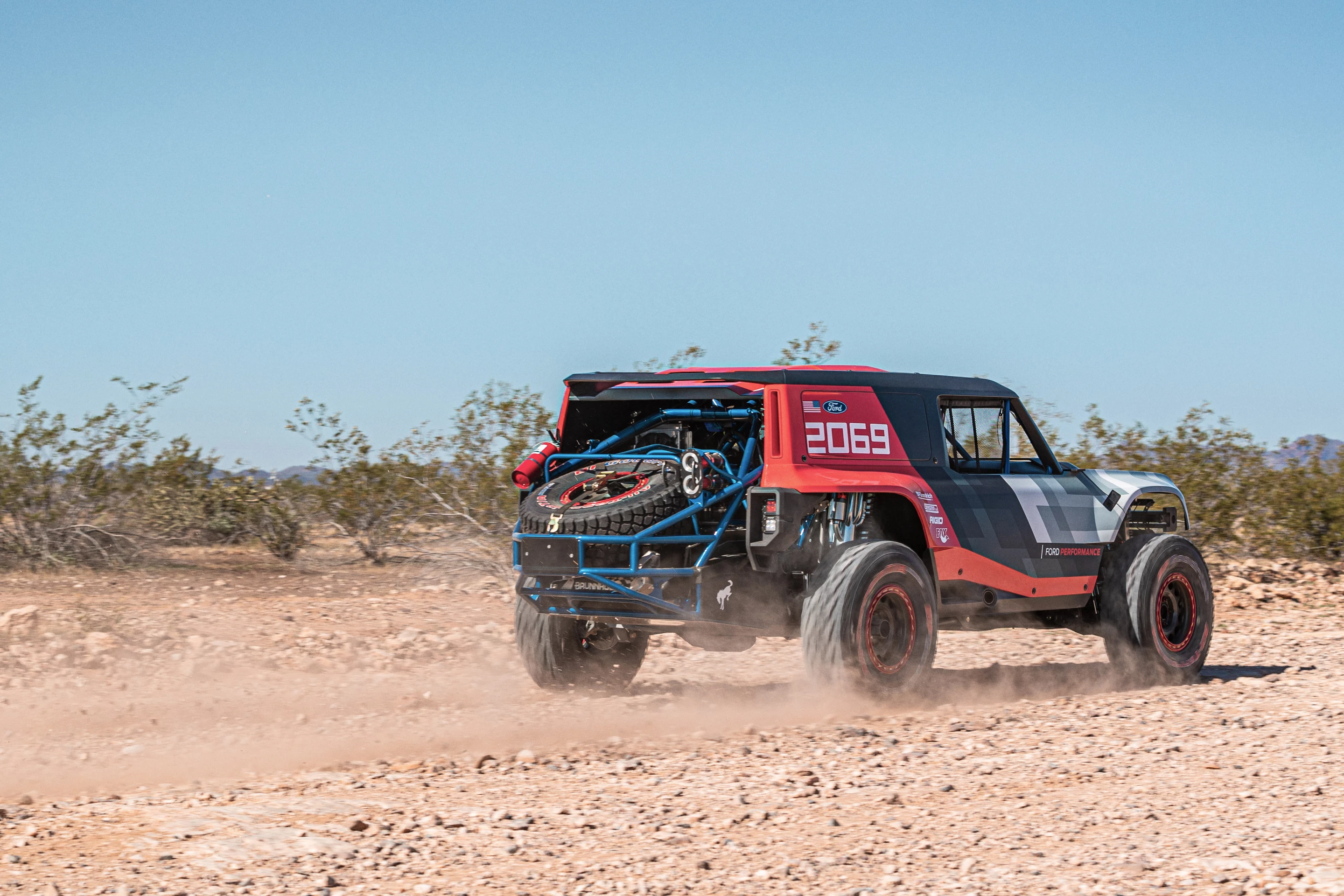 The Bronco R's exposed tubular roll cage is secured to a production-style frame