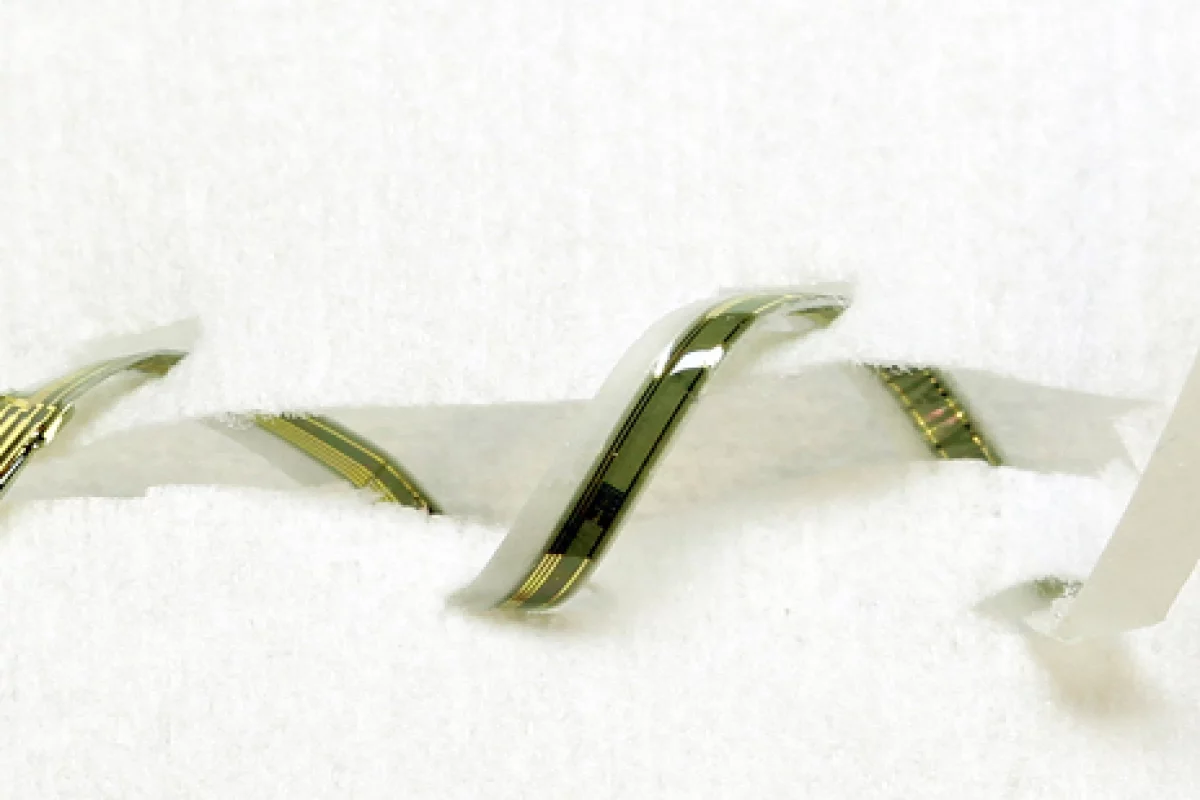 Smart sutures that contain ultrathin sensors to detect when a wound is infected.(Image: John Rogers)