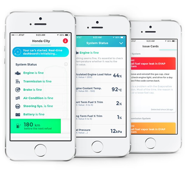 The app supports multiple vehicle profiles and exports user trip data as CSV files