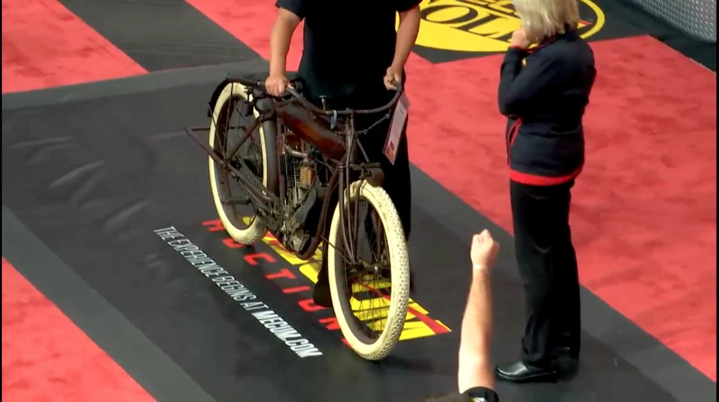 This 1911 2.75 HP single-cylinder, single-speed, chain-drive Indian is original and unrestored in every respect. It sold for $52,800 against an estimate of $50,000 to $60,000. Official Auction Description