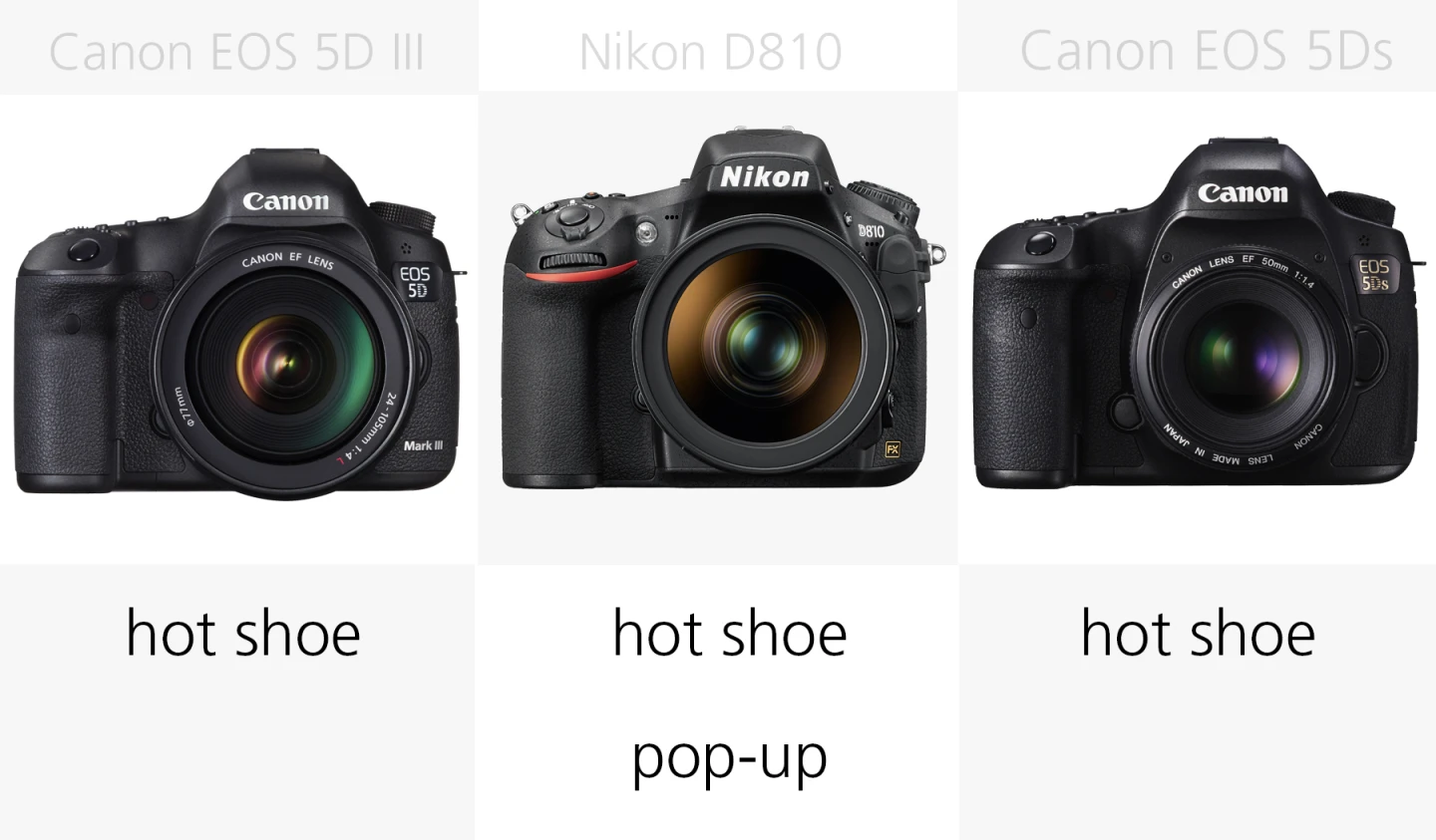 Full frame DSLR flash comparison Canon EOS 5D III, Nikon D810, Canon EOS 5Ds