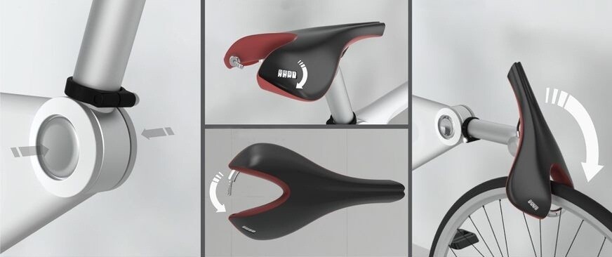 A close-up view of Saddle Lock shows the cutout and bar which enables the saddle to be secured to the rear wheel