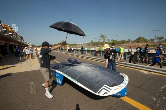 Competitors warm up for the solar marathon
