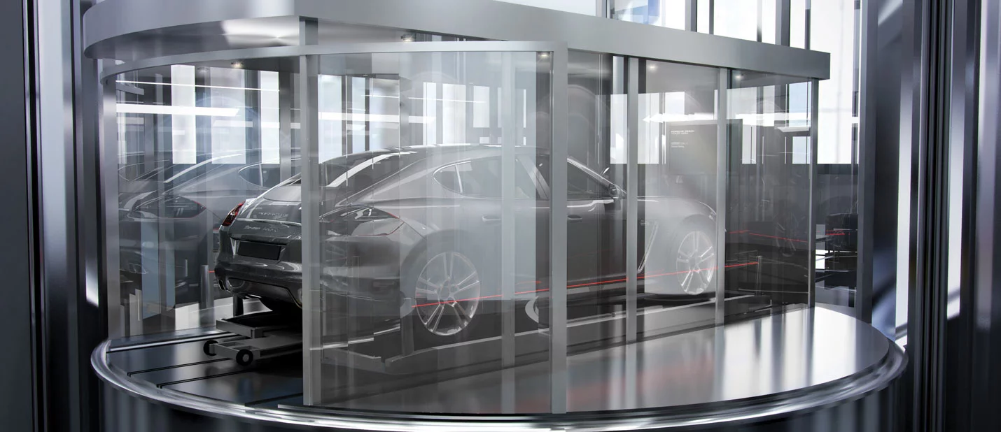 Glass elevators transport cars to the desired floor and park them in the apartment's "Sky Garage" (Image: Porsche Design)