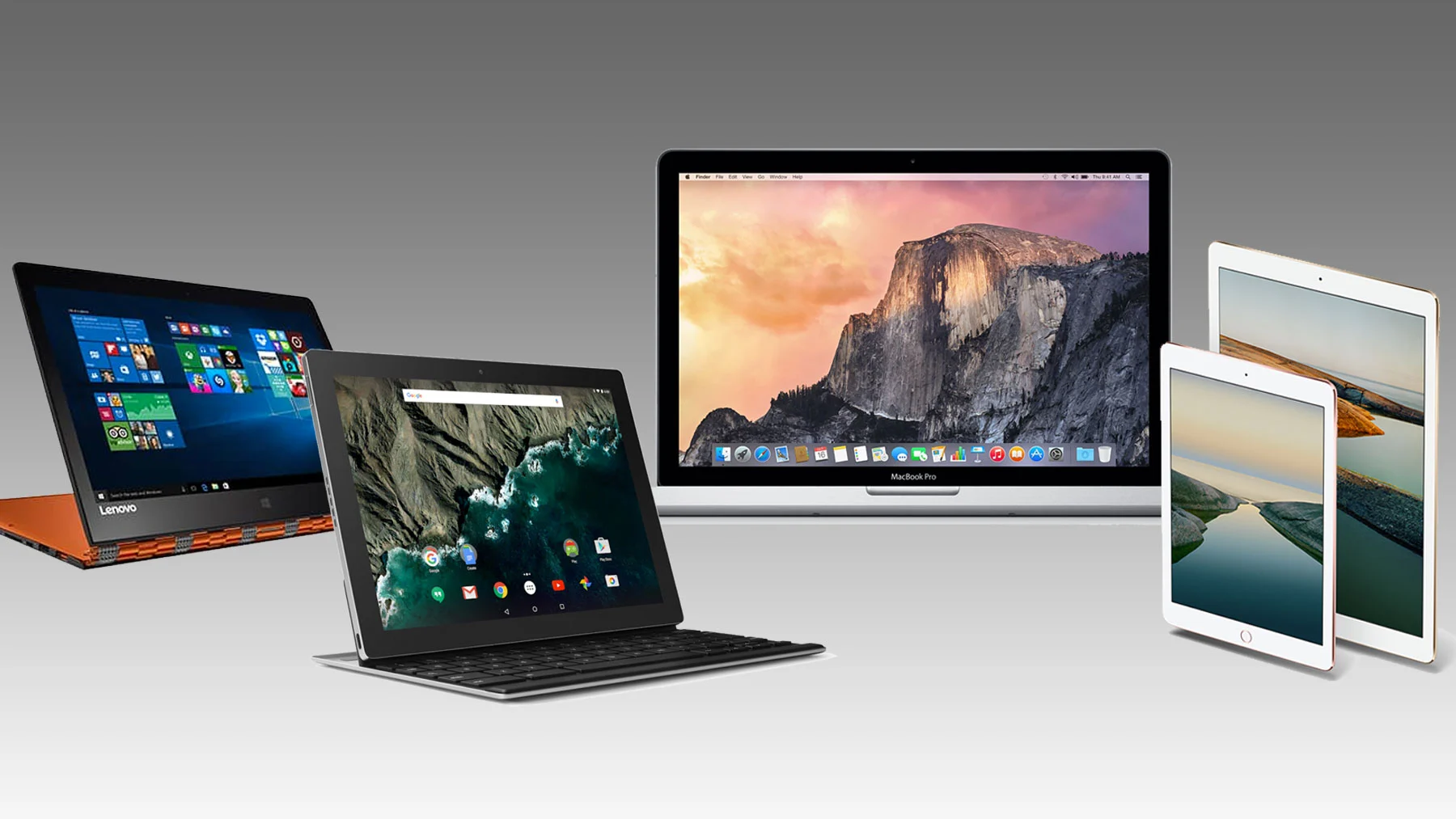 From L to R: Lenova Yoga 900S, Google Pixel C, MacBook Pro with retina display, iPad Pro