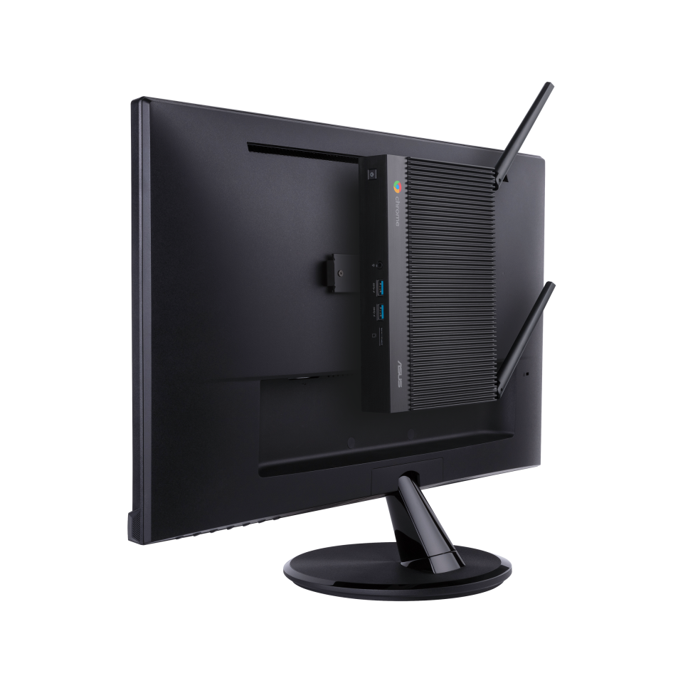 The unit can sit on a desk to make ports easier to access, or mounted to the back of a monitor for a tidier Chrome OS experience