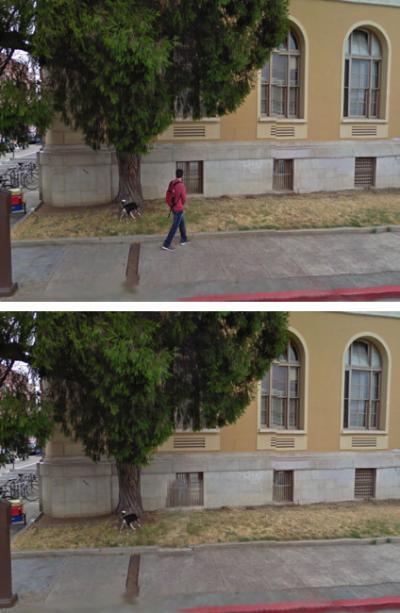 A pedestrian is removed from a Google Street View image using experimental new software, with some residual "ghosting"