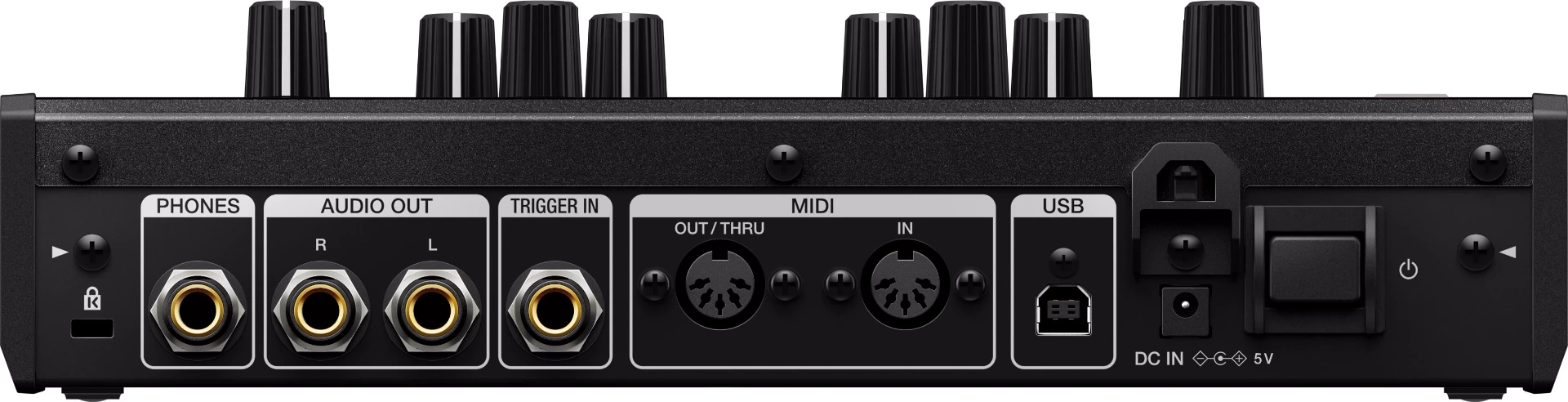 Connectivity shapes up as 0.25-in TS audio outputs and a 0.25-in stereo headphone jack, MIDI In, Thru and Out ports, USB and a 0.25-in trigger jack
