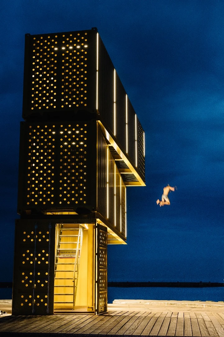 The Water Sports Center Halsskov's diving tower has ventilation holes
