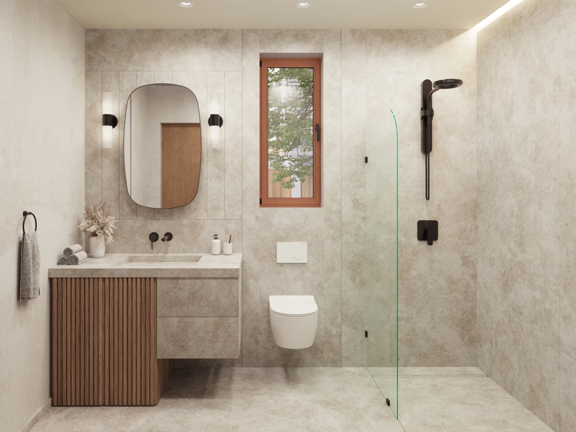 The Cosmic One's bathroom looks high end and includes a shower, limestone sink, and toilet